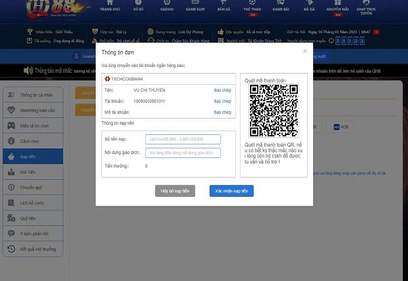Hình 2: Nạp tiền QH88 bằng quét mã QR