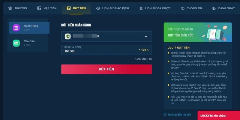Rút tiền Lucky88 và một số lưu ý khi thực hiện