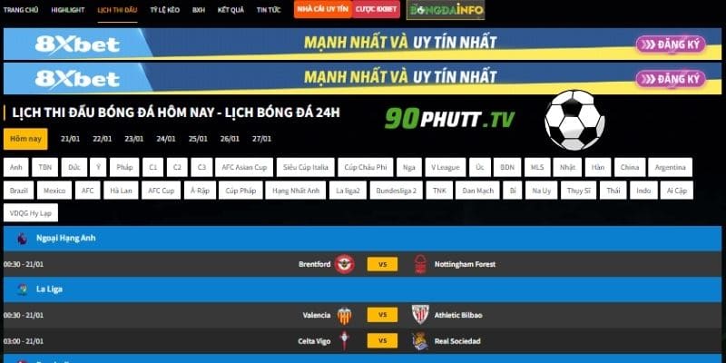 Thời gian và lịch trình trận đấu bóng đá tại 90phutt.tv