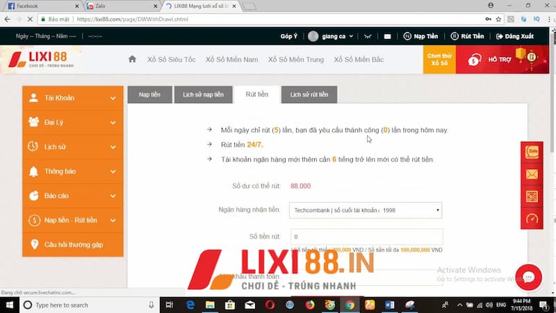 Hướng dẫn rút tiền Lixi88 