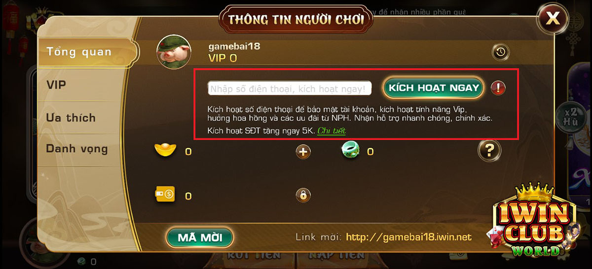 Kích hoạt số điện thoại tại IWIN Club nhận ngay 5k