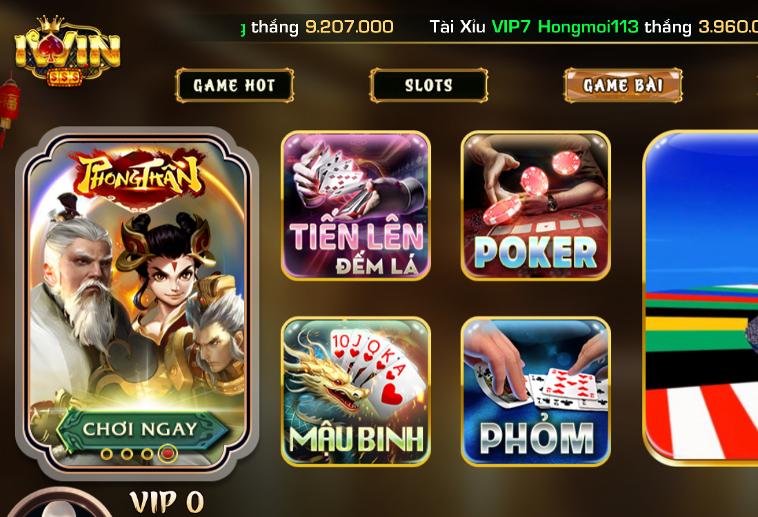 Sảnh game bài tại nhà cái iWin với nhiều trò chơi bài hấp dẫn